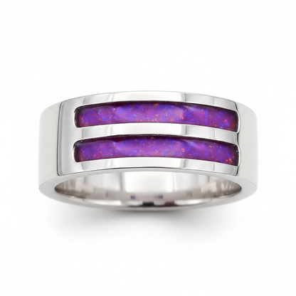 Gents Double Channel 7mm 925 Silver Band Ring with lavender purple opal resin — pure white background