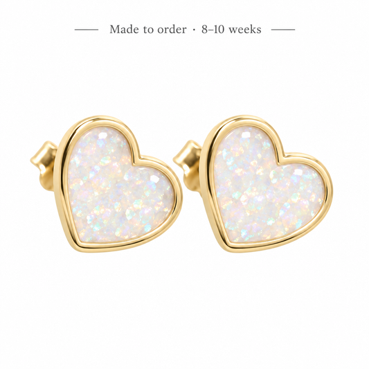 Illustrative 9ct gold heart stud earrings with pearl white opal resin inclusions