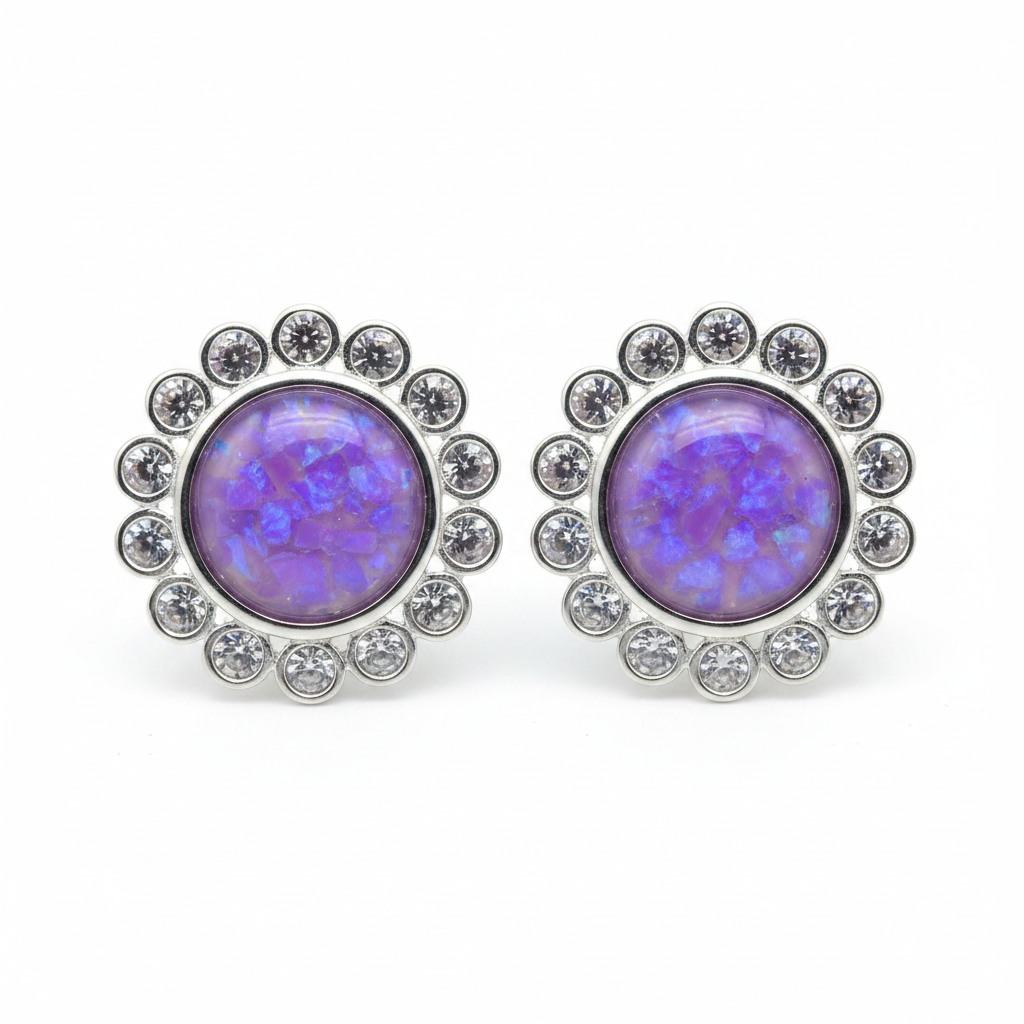 Silver 925 daisy CZ memorial stud earrings — lavender purple opal flakes resin in 8mm centre with individual CZ daisy surround
