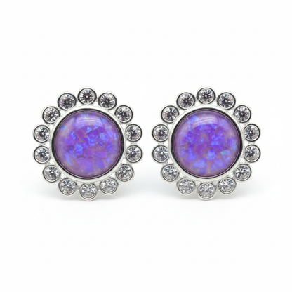 Silver 925 daisy CZ memorial stud earrings — lavender purple opal flakes resin in 8mm centre with individual CZ daisy surround