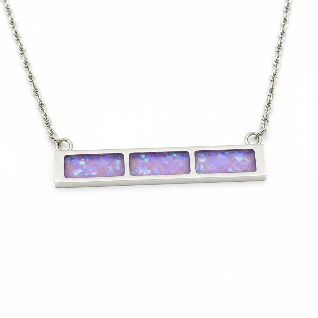 Rectangle trio bar memorial pendant necklace 316L stainless steel lavender purple opal flakes