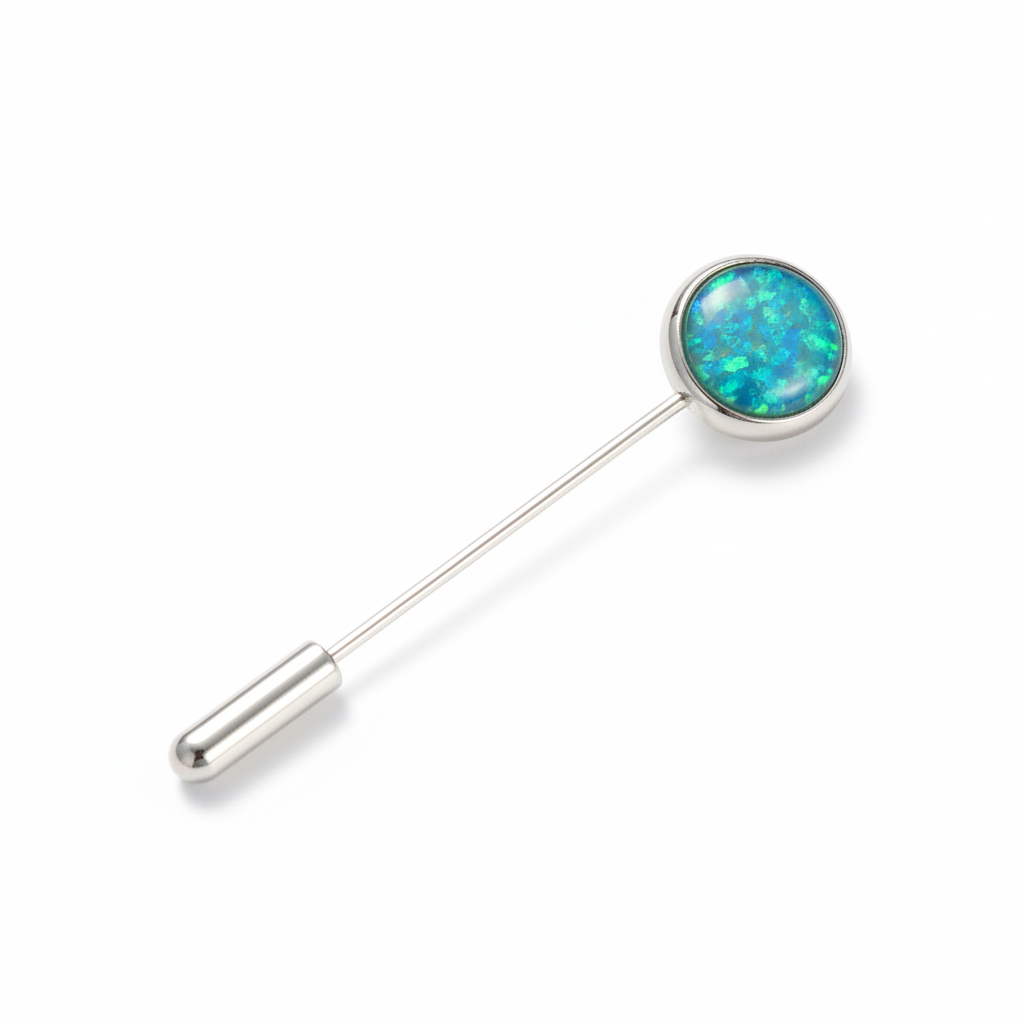 Silver 925 stick pin with blue teal opal resin in 10x8mm oval bezel cup head on white background