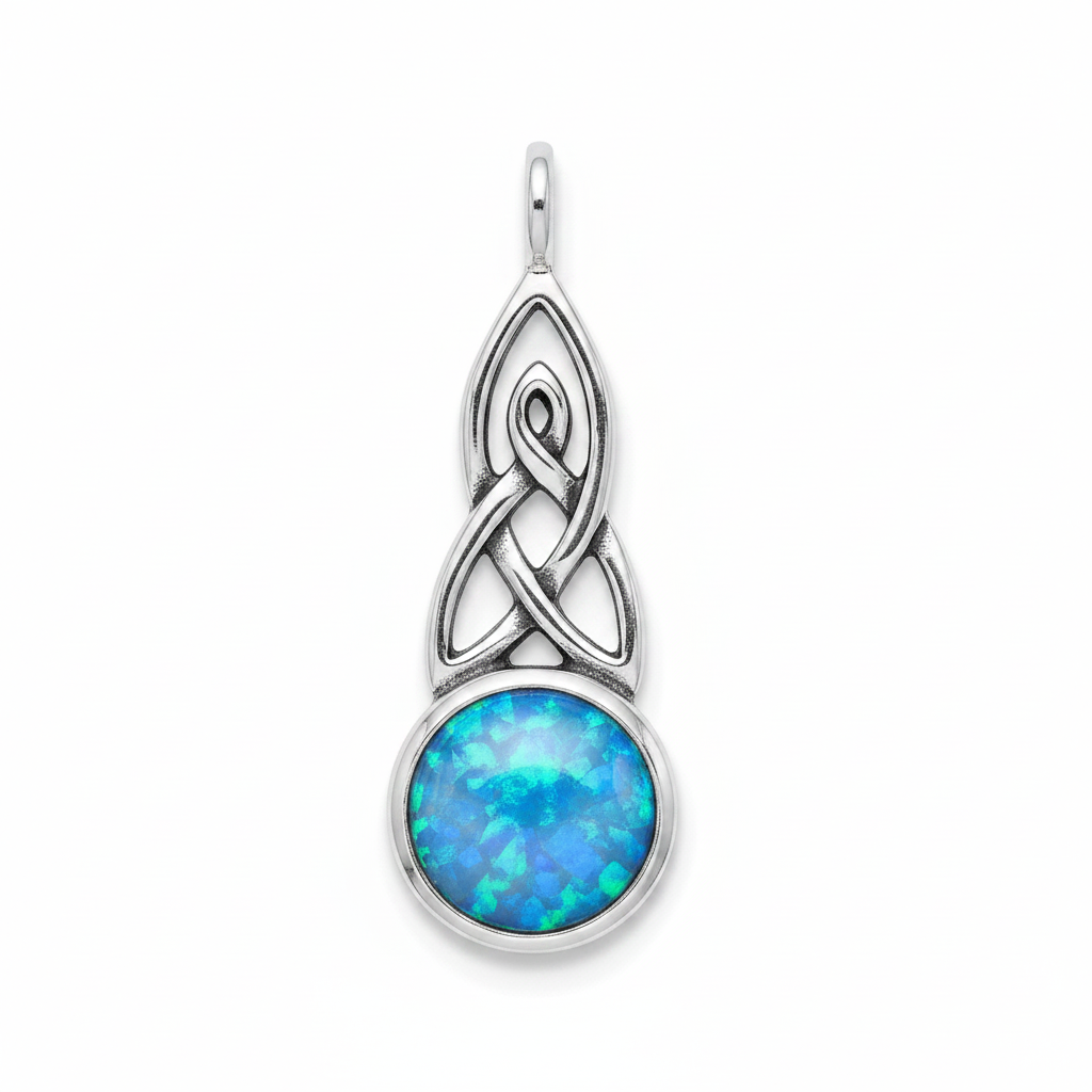 Silver 925 Celtic triquetra round drop memorial pendant with blue opal flakes, white background
