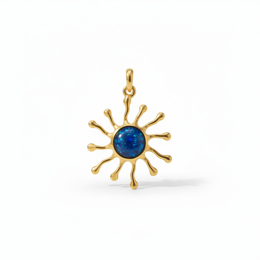 9ct gold sunburst memorial pendant with deep blue iridescent opal flakes