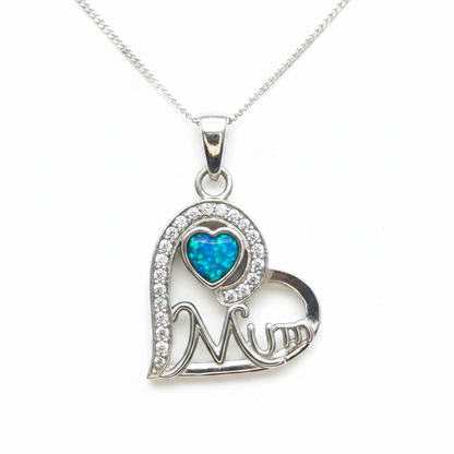 925 sterling silver Mum heart memorial pendant necklace with blue teal opal resin in heart bezel on white background
