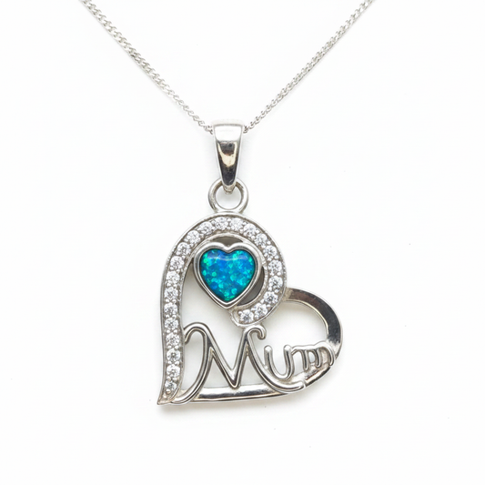 925 sterling silver Mum heart memorial pendant necklace with blue teal opal resin in heart bezel on white background