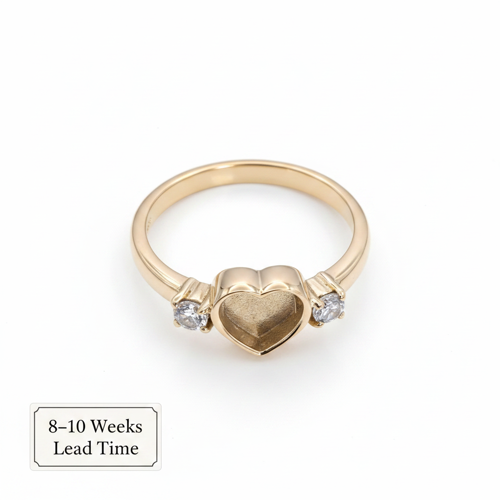 9ct Gold CZ Heart Double Gem Bezel Ring — white background, 8-10 weeks lead time sticker