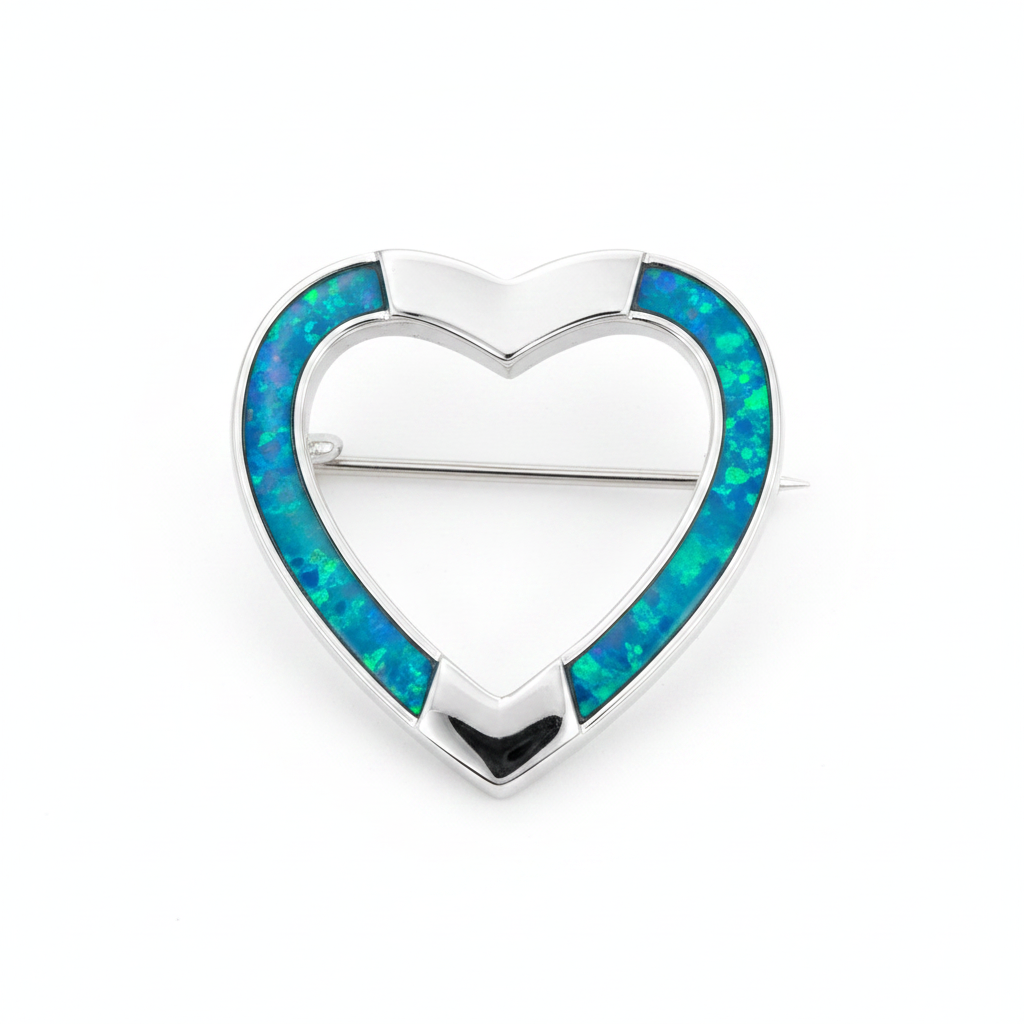 Heart Tube 925 Silver Stock Pin Brooch – blue teal opal inclusion