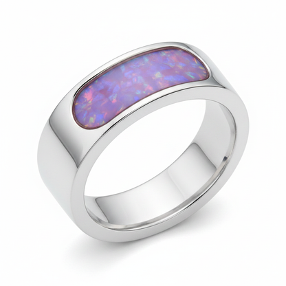 Rounded 8mm Channel Band 925 Silver Ring with lavender purple opal resin flush level — pure white background