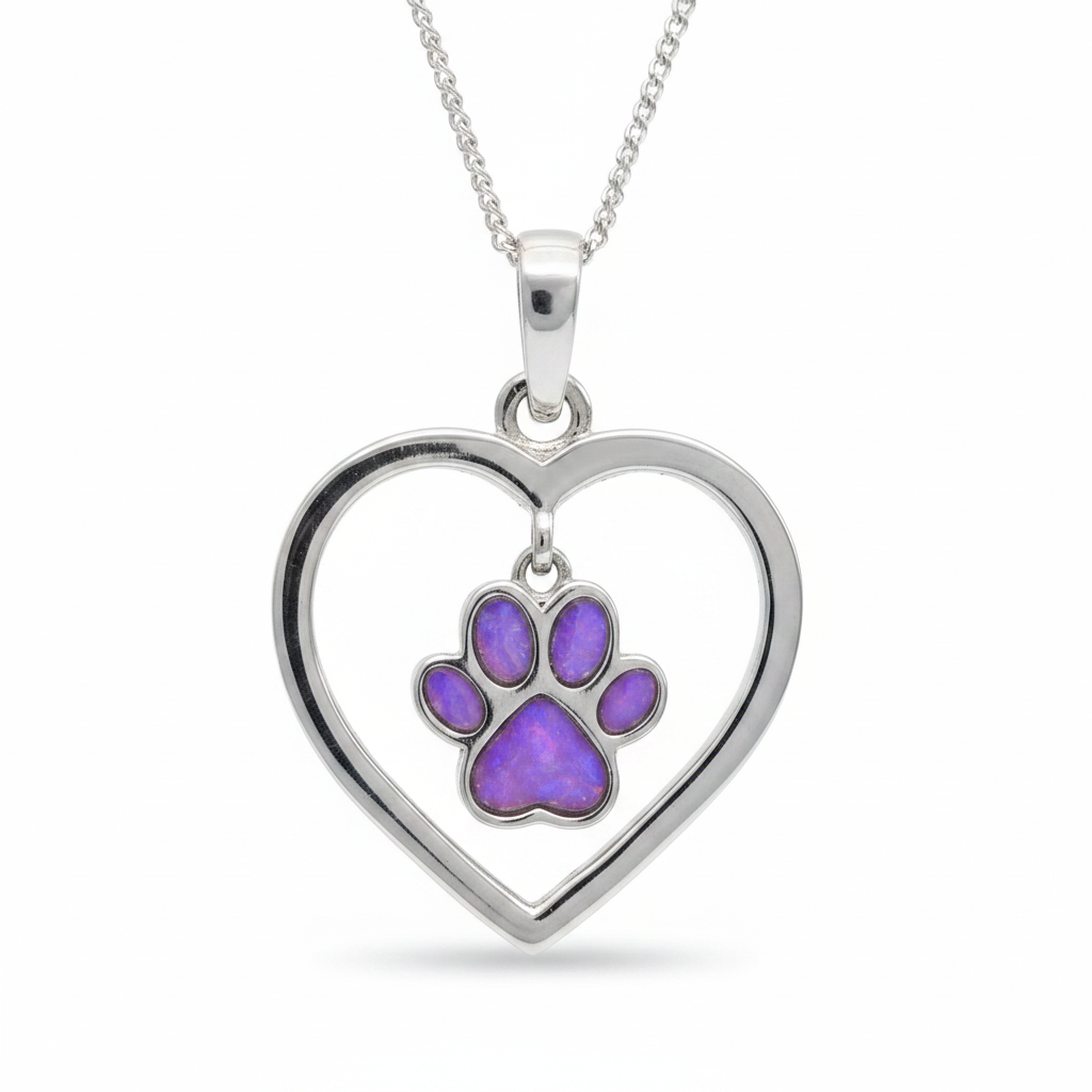 Heart Dangle Paw 925 Silver Memorial Pendant with lavender opal resin in paw print — white background
