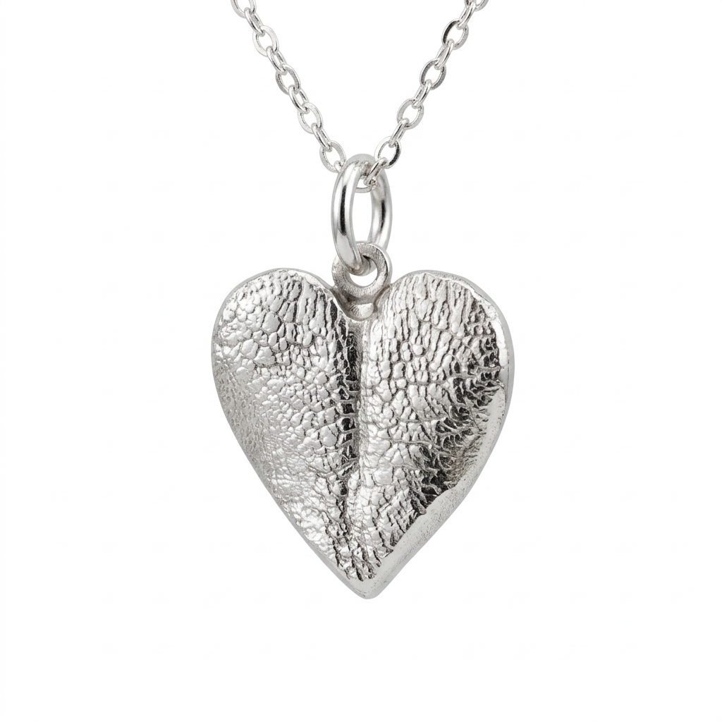 Illustrative fine silver heart pet nose print necklace with silver chain