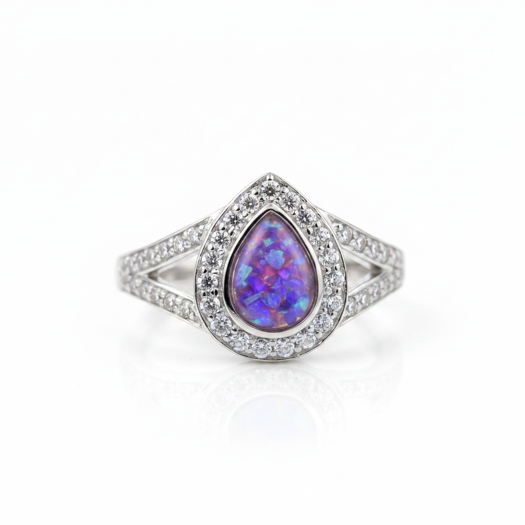 925 sterling silver split shank pear memorial ring with lavender purple opal flakes in pear bezel on white background