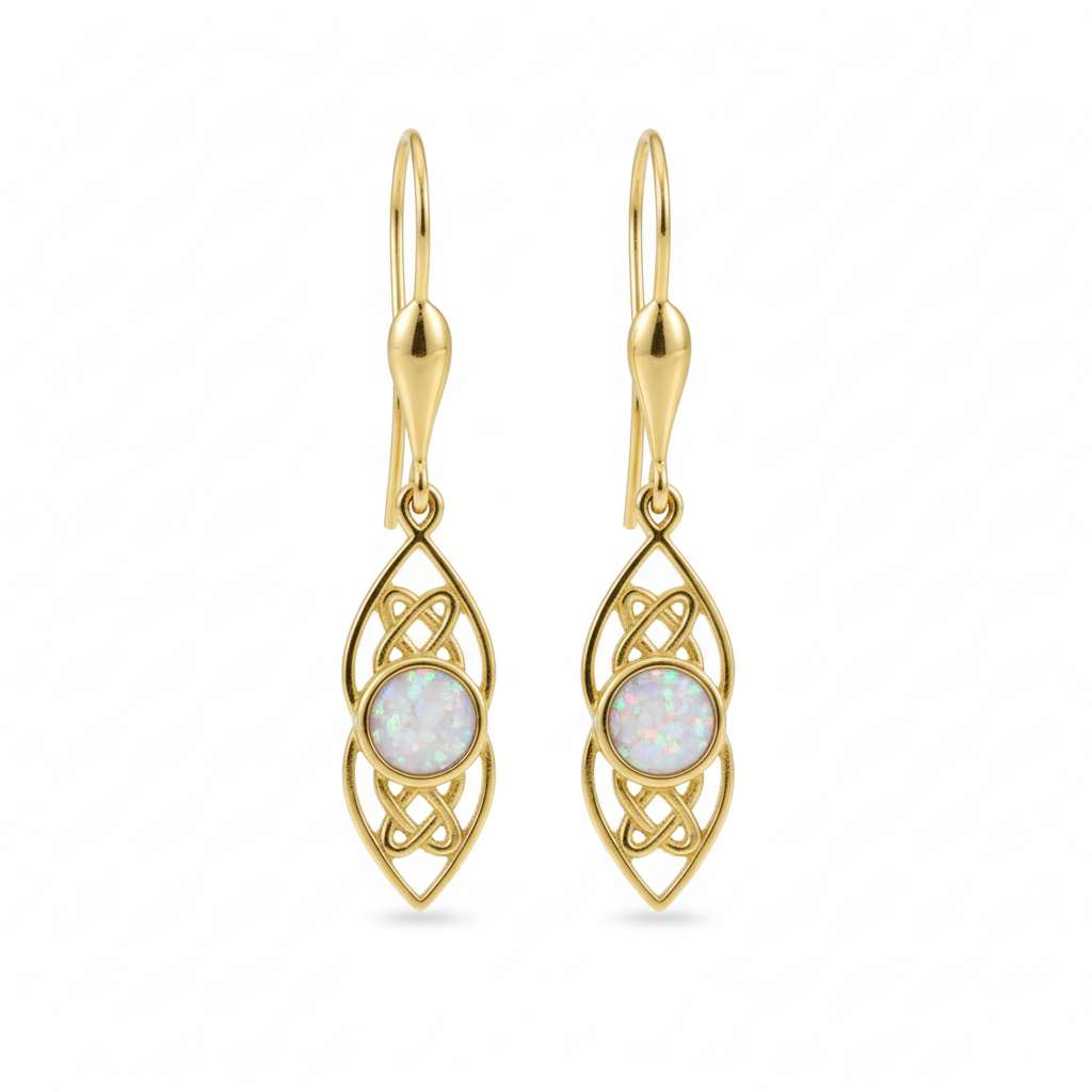9ct gold Celtic knotwork drop earrings with white pearl iridescent opal flakes – white background