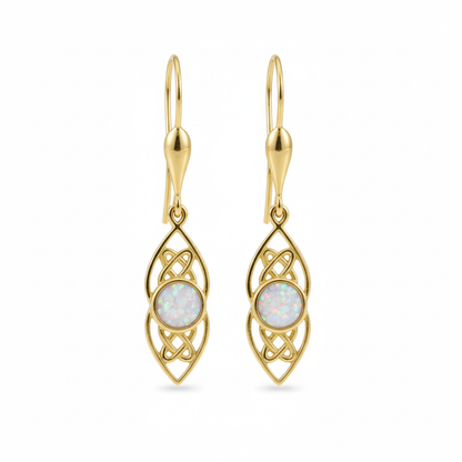 9ct gold Celtic knotwork drop earrings with white pearl iridescent opal flakes – white background
