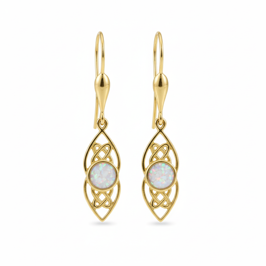9ct gold Celtic knotwork drop earrings with white pearl iridescent opal flakes – white background