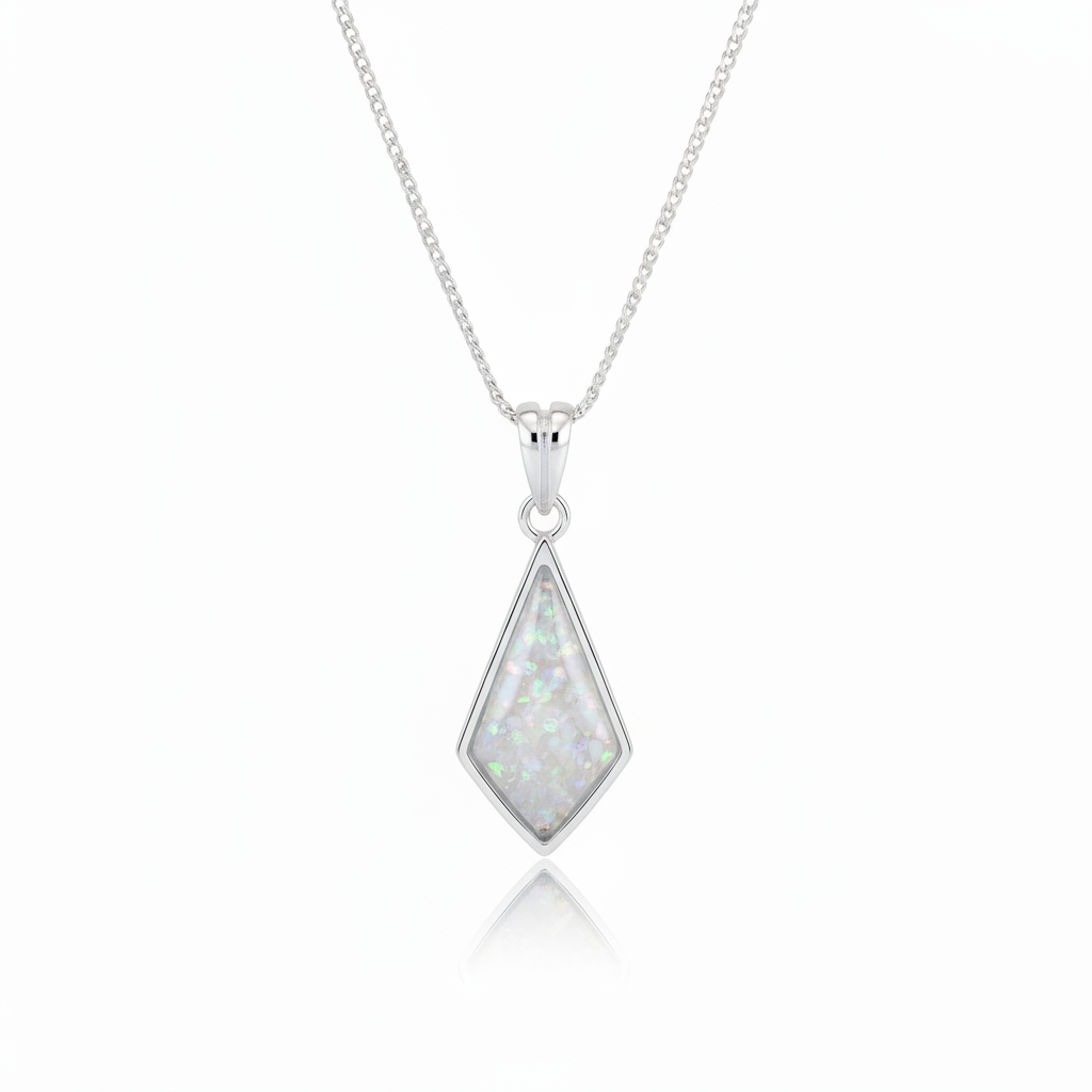 Silver 925 kite shaped memorial pendant with white opal and mica resin on chain, white background