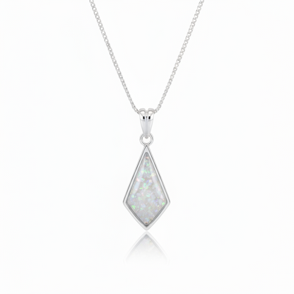 Silver 925 kite shaped memorial pendant with white opal and mica resin on chain, white background