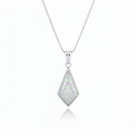 Silver 925 kite shaped memorial pendant with white opal and mica resin on chain, white background