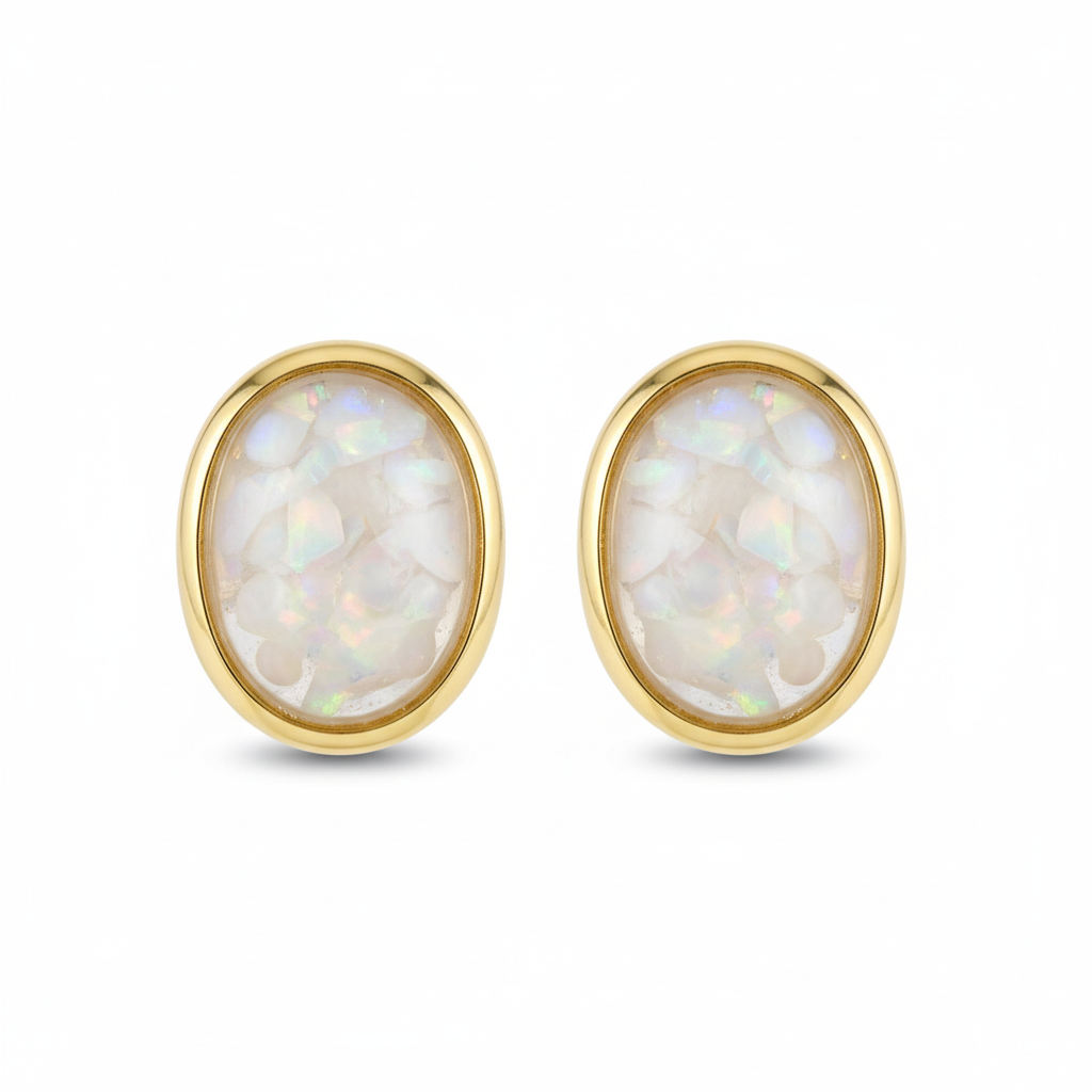 Gold plain edge oval stud earrings with white opal memorial resin