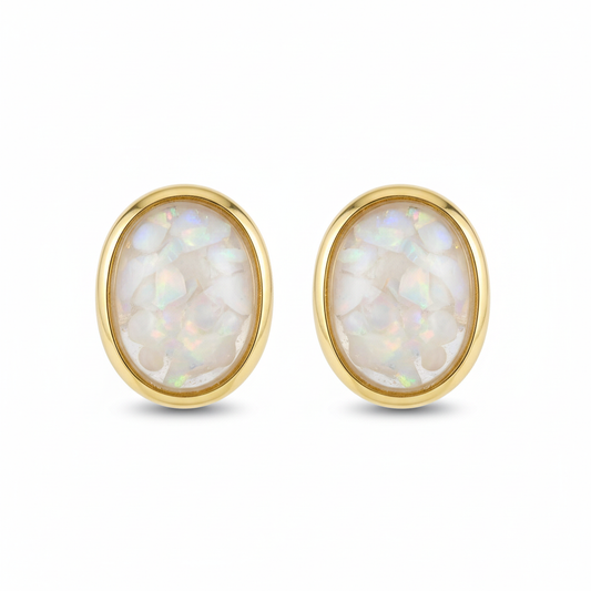 Gold plain edge oval stud earrings with white opal memorial resin