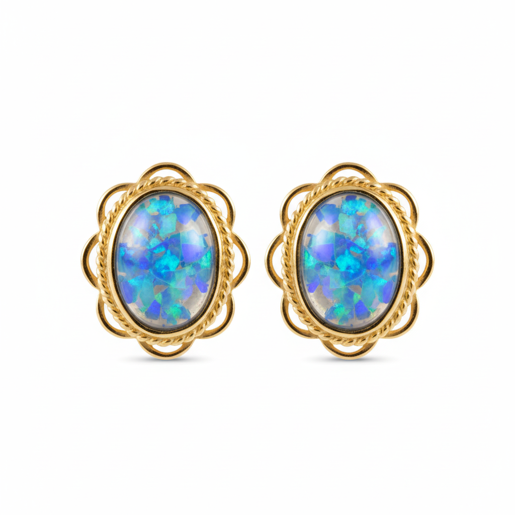 Gold frill edge oval stud earrings with blue opal memorial resin