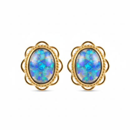 Gold frill edge oval stud earrings with blue opal memorial resin