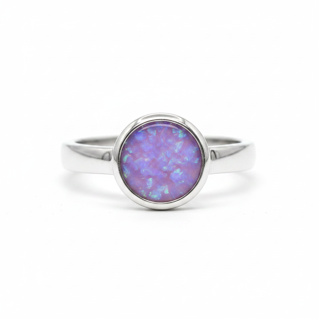 Thick Trim Round 925 Silver Ring with lavender purple opal resin — bright polished silver, white background