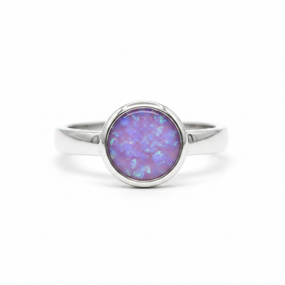Thick Trim Round 925 Silver Ring with lavender purple opal resin — bright polished silver, white background