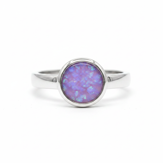 Thick Trim Round 925 Silver Ring with lavender purple opal resin — bright polished silver, white background