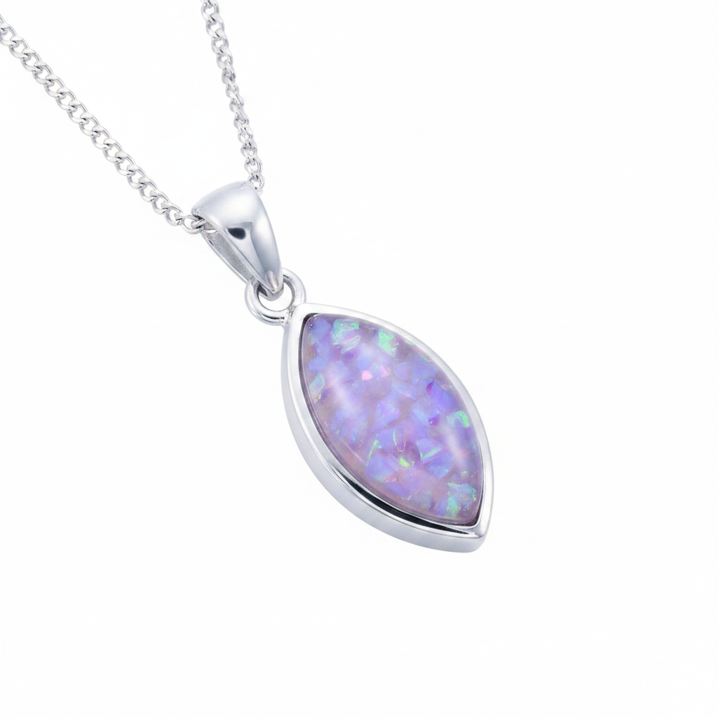 Classic Marquise Pendant Necklace 925 Sterling Silver with lavender purple opal flake inclusion on silver chain