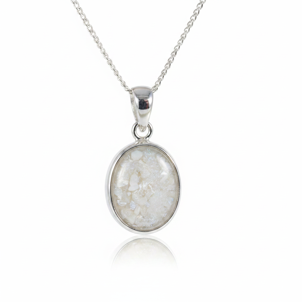Silver 925 oval bezel memorial pendant with white opal and mica, white background