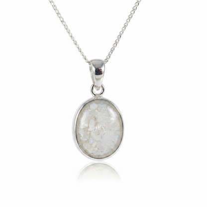 Silver 925 oval bezel memorial pendant with white opal and mica, white background