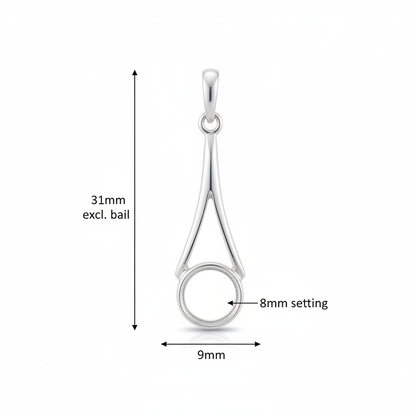 Silver 925 wishbone drop memorial pendant dimensions — 31x9mm excl. bail, 8mm round centre