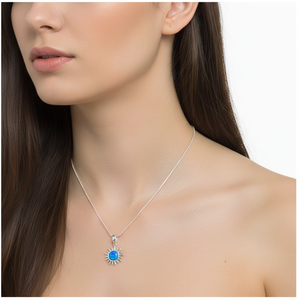 Model wearing silver 925 sun memorial pendant at true scale