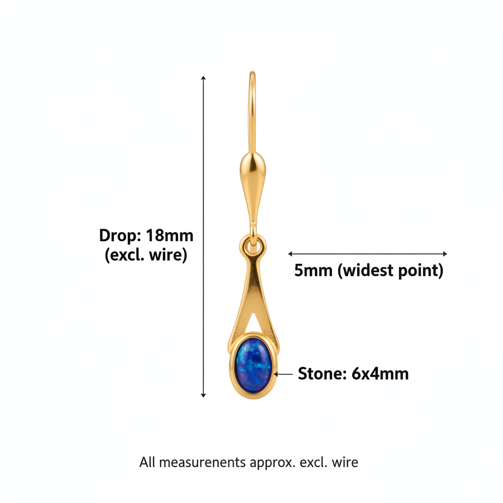 9ct gold tapered drop earrings size guide – 18x5mm drop excl. wire, 6x4mm oval stone at base