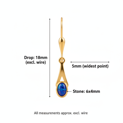 9ct gold tapered drop earrings size guide – 18x5mm drop excl. wire, 6x4mm oval stone at base