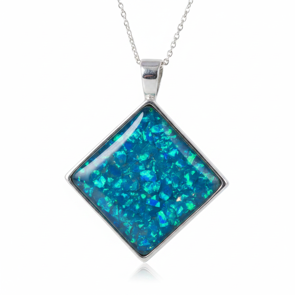 Silver 925 square diamond-set pendant — blue teal opal flakes domed resin inclusion