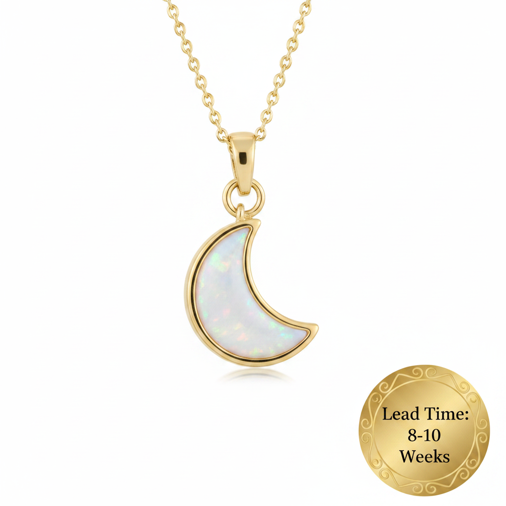 9ct gold crescent moon pendant with white pearl opal resin fill on chain, white background, lead time 8-10 weeks sticker