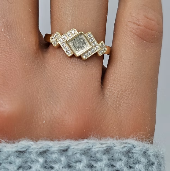 9K gold Art Deco CZ ring worn on finger — yellow gold lifestyle shot