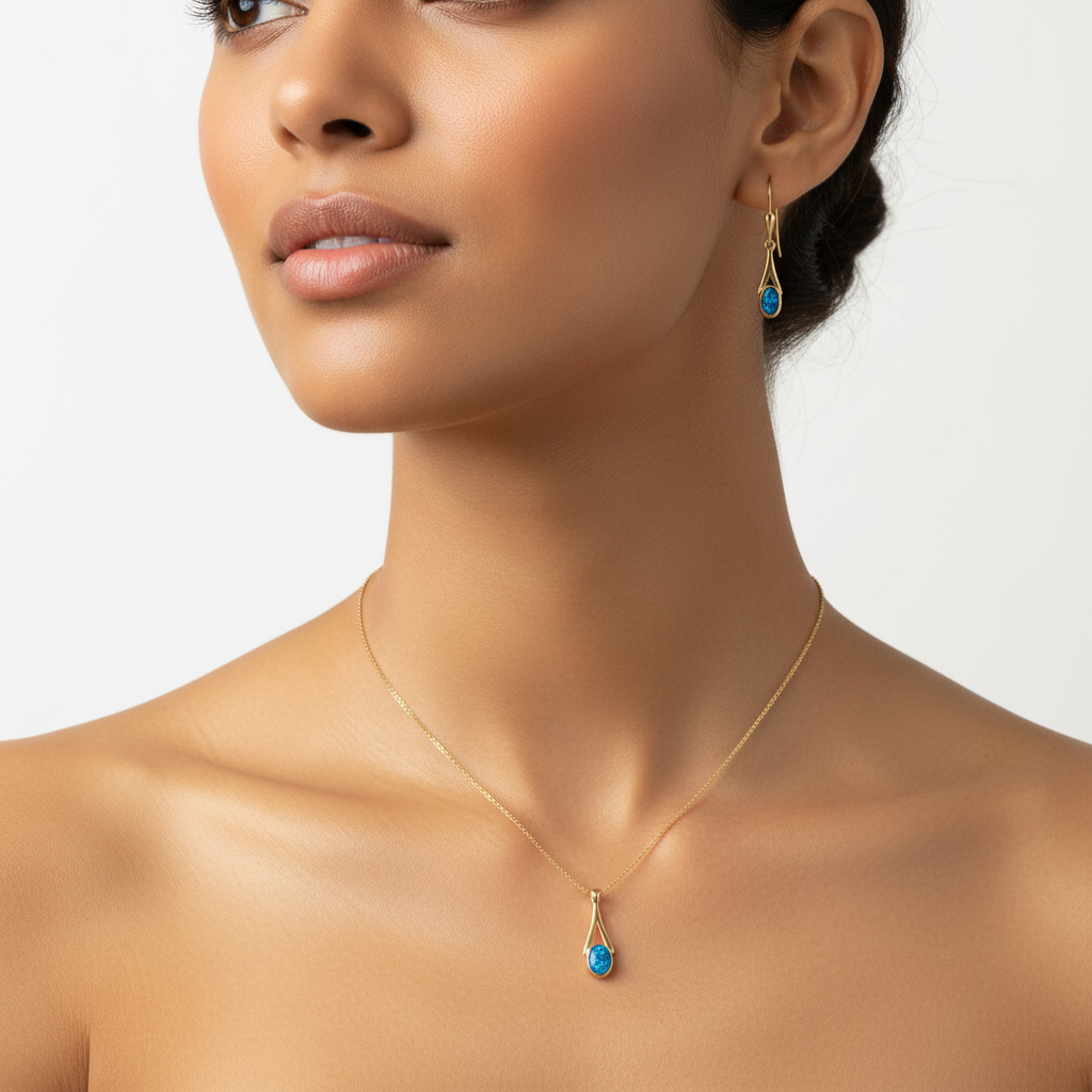 Model wearing complete 9ct gold dainty tapered drop memorial jewellery set at true dainty scale