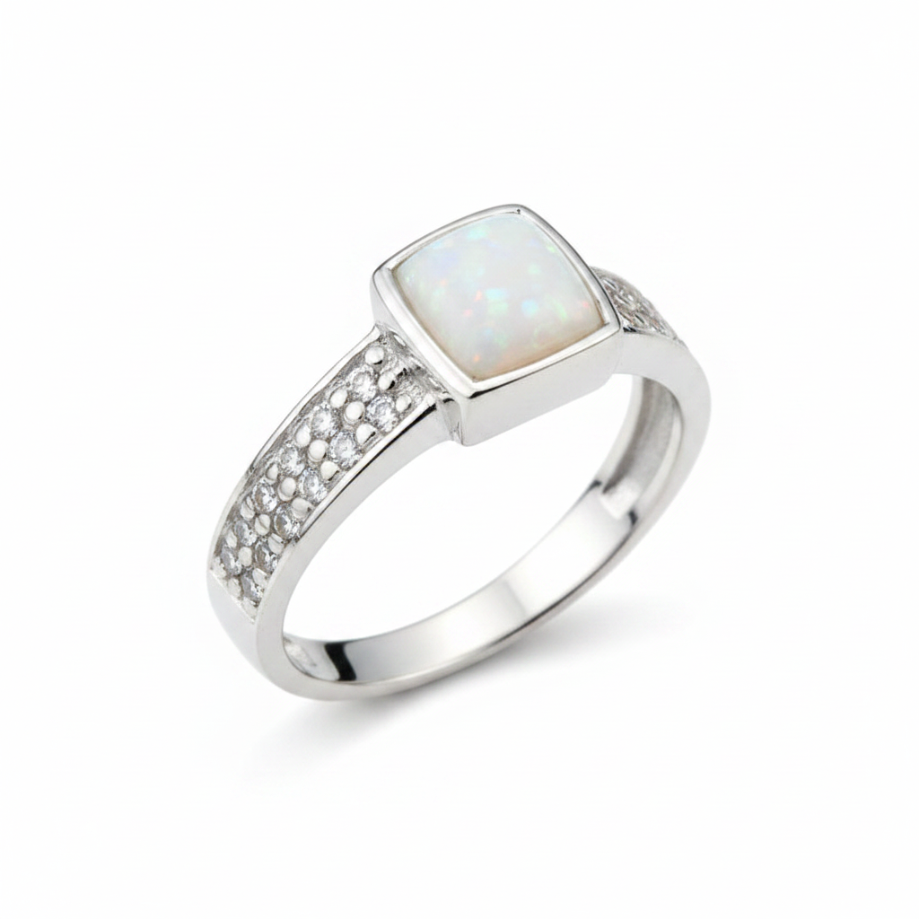 Silver 925 CZ shoulder memorial ring — white pearl opal flakes resin in square centre setting