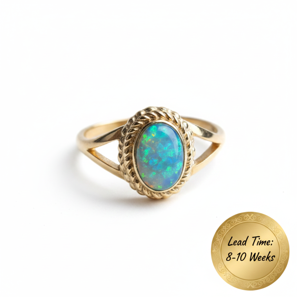 9ct gold oval rope split shank ring with blue teal opal resin in oval bezel, white background, lead time 8-10 weeks sticker