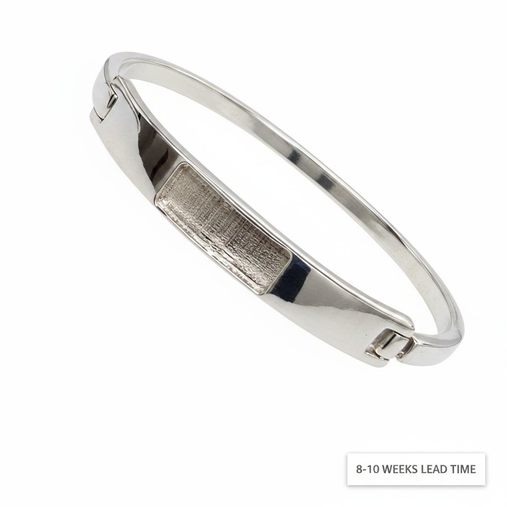 Solid weighted 925 silver bar bangle at angle on white background with 8-10 weeks lead time label