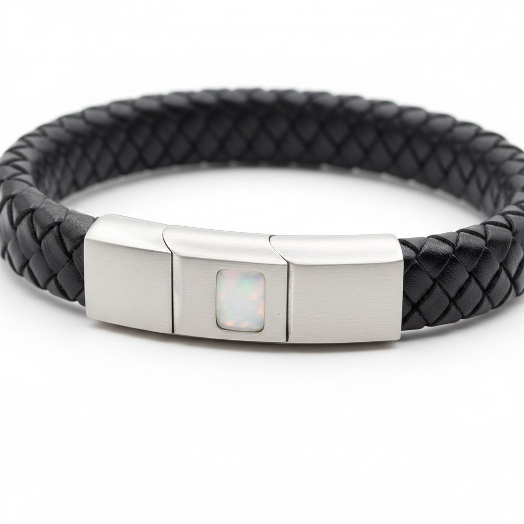 Black leather memorial bracelet with white pearl opal shimmer resin in stainless steel clasp recess on white background