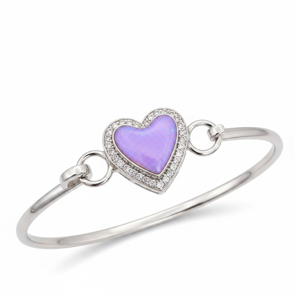 Heart CZ hook clasp silver bangle with lavender purple opal resin in heart bezel, white background