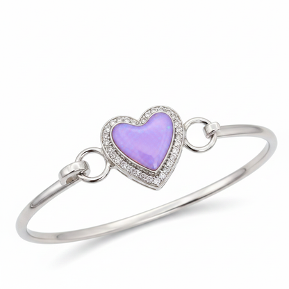 Heart CZ hook clasp silver bangle with lavender purple opal resin in heart bezel, white background