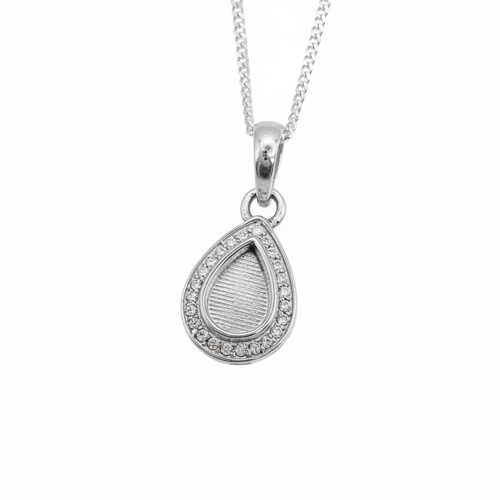 Pear CZ 925 Silver Memorial Pendant — plain silver centre on white background