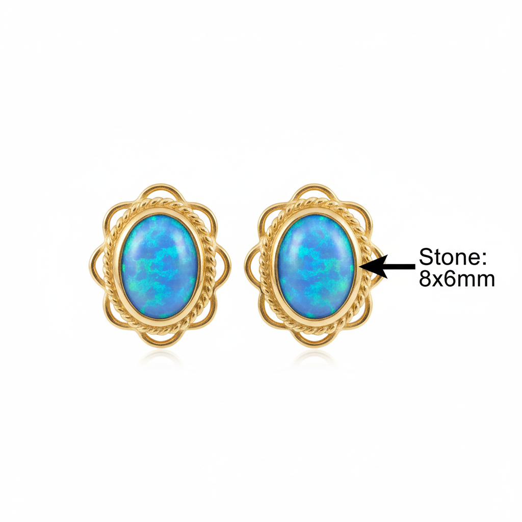 Gold frill edge oval stud earrings dimensions guide — Stone: 8x6mm