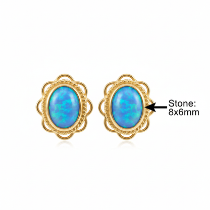 Gold frill edge oval stud earrings dimensions guide — Stone: 8x6mm