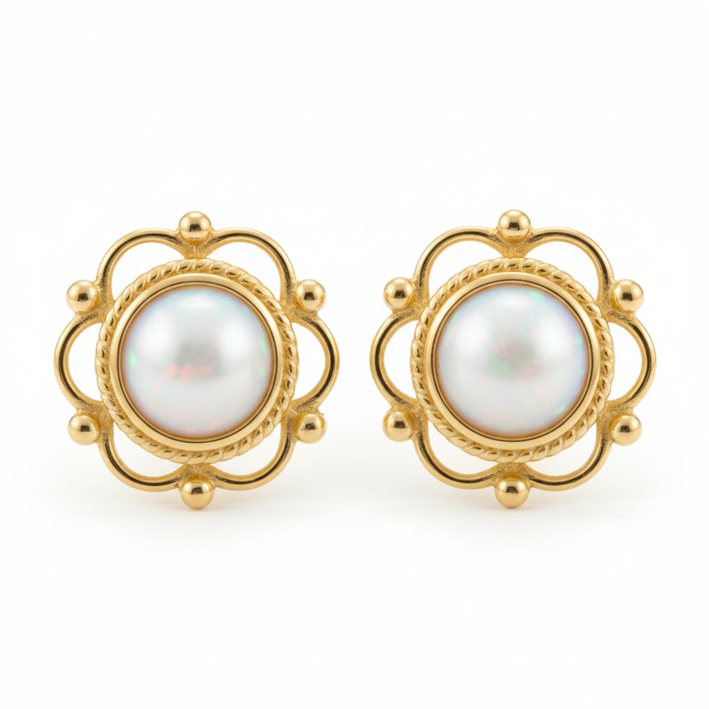 Gold frill and bead round stud earrings with white opal memorial resin